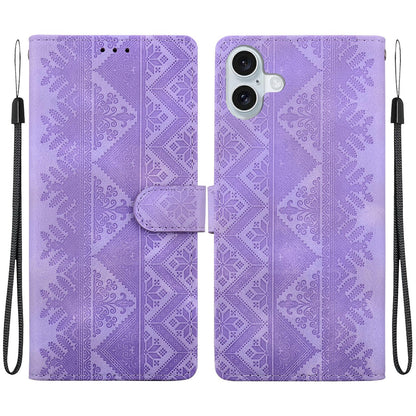 For iPhone 16 Ethnic Pattern Embossed Vegan Leather Phone Case - Purple - EDA009979009D