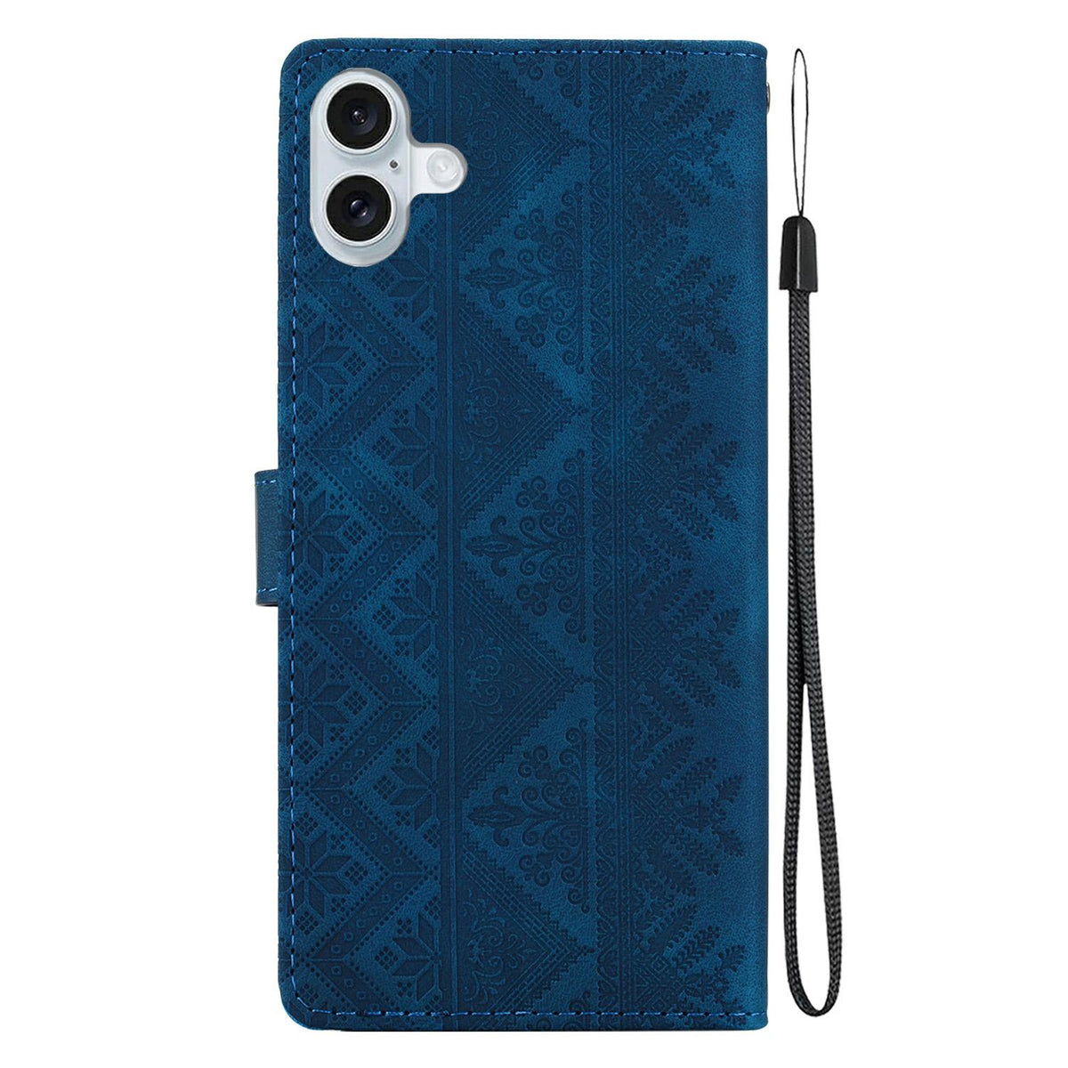 For iPhone 16 Ethnic Pattern Embossed Vegan Leather Phone Case - Dark Blue - EDA009979009E