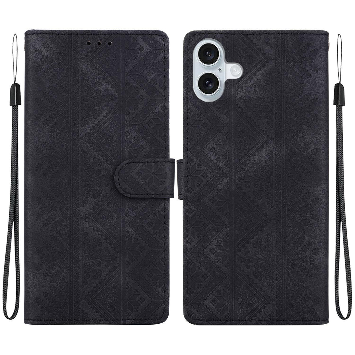 For iPhone 16 Ethnic Pattern Embossed Vegan Leather Phone Case - Black - EDA009979009F
