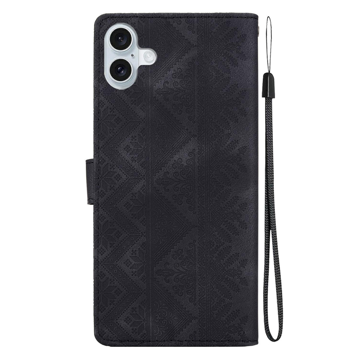 For iPhone 16 Ethnic Pattern Embossed Vegan Leather Phone Case - Black - EDA009979009F