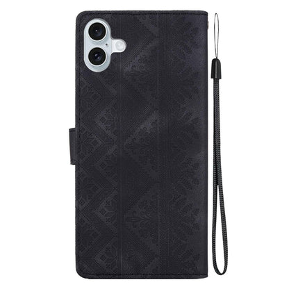 For iPhone 16 Ethnic Pattern Embossed Vegan Leather Phone Case - Black - EDA009979009F