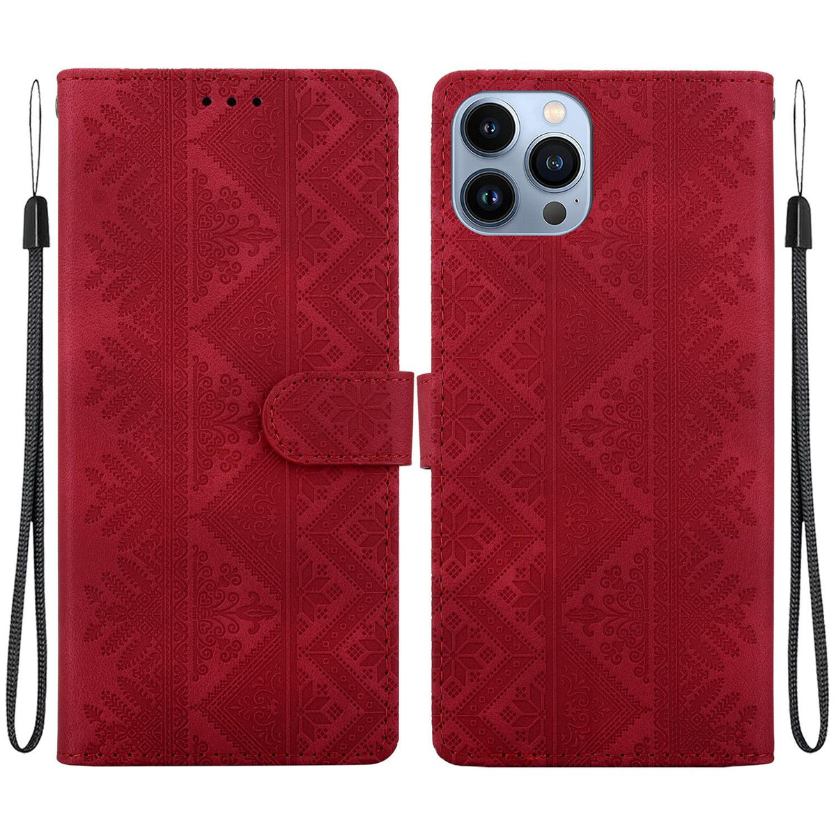 For iPhone 15 Pro Max Ethnic Pattern Embossed Vegan Leather Phone Case - Red - EDA009979010C