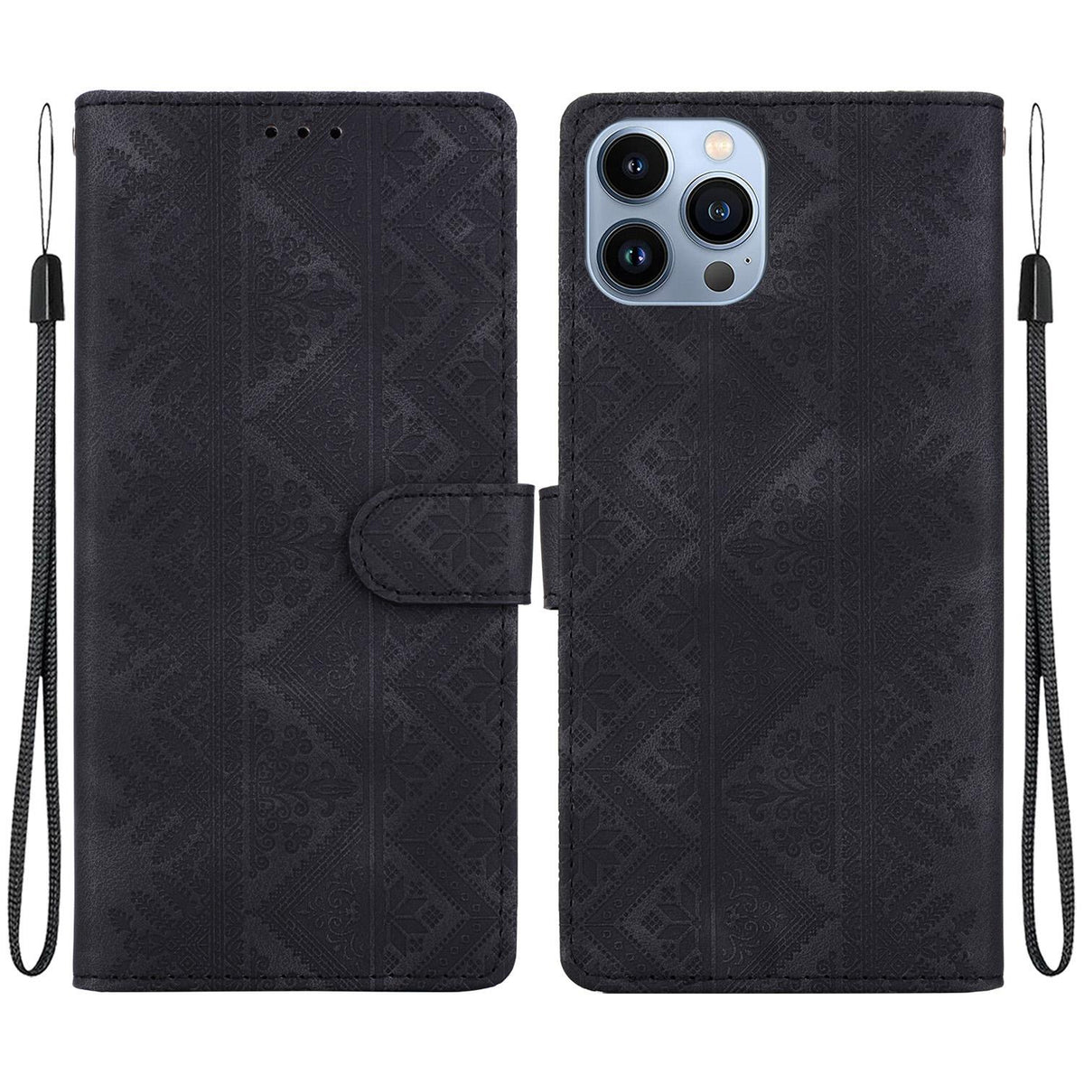 For iPhone 15 Pro Max Ethnic Pattern Embossed Vegan Leather Phone Case - Black - EDA009979010F