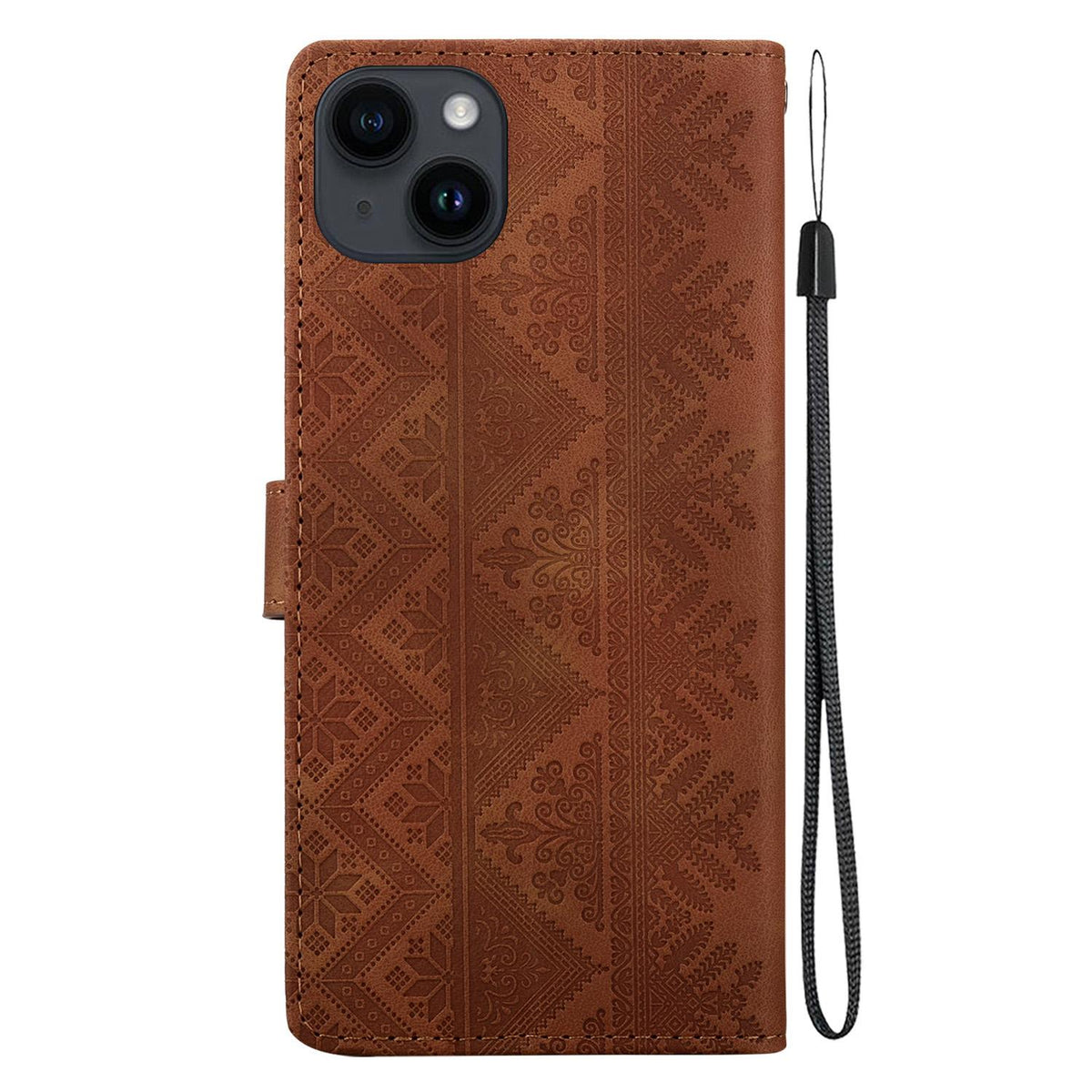 For iPhone 15 Plus Ethnic Pattern Embossed Vegan Leather Phone Case - Brown - EDA009979012A
