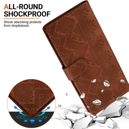 For iPhone 15 Plus Ethnic Pattern Embossed Vegan Leather Phone Case - Brown - EDA009979012A