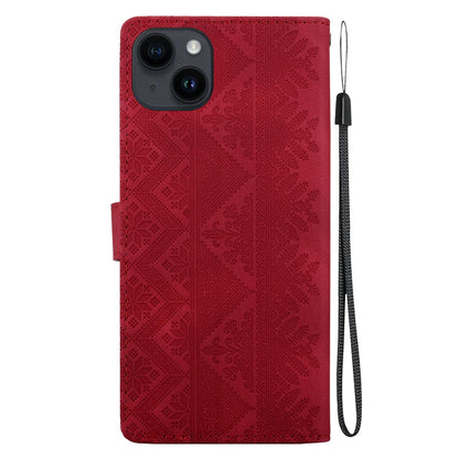 For iPhone 15 Plus Ethnic Pattern Embossed Vegan Leather Phone Case - Red - EDA009979012C