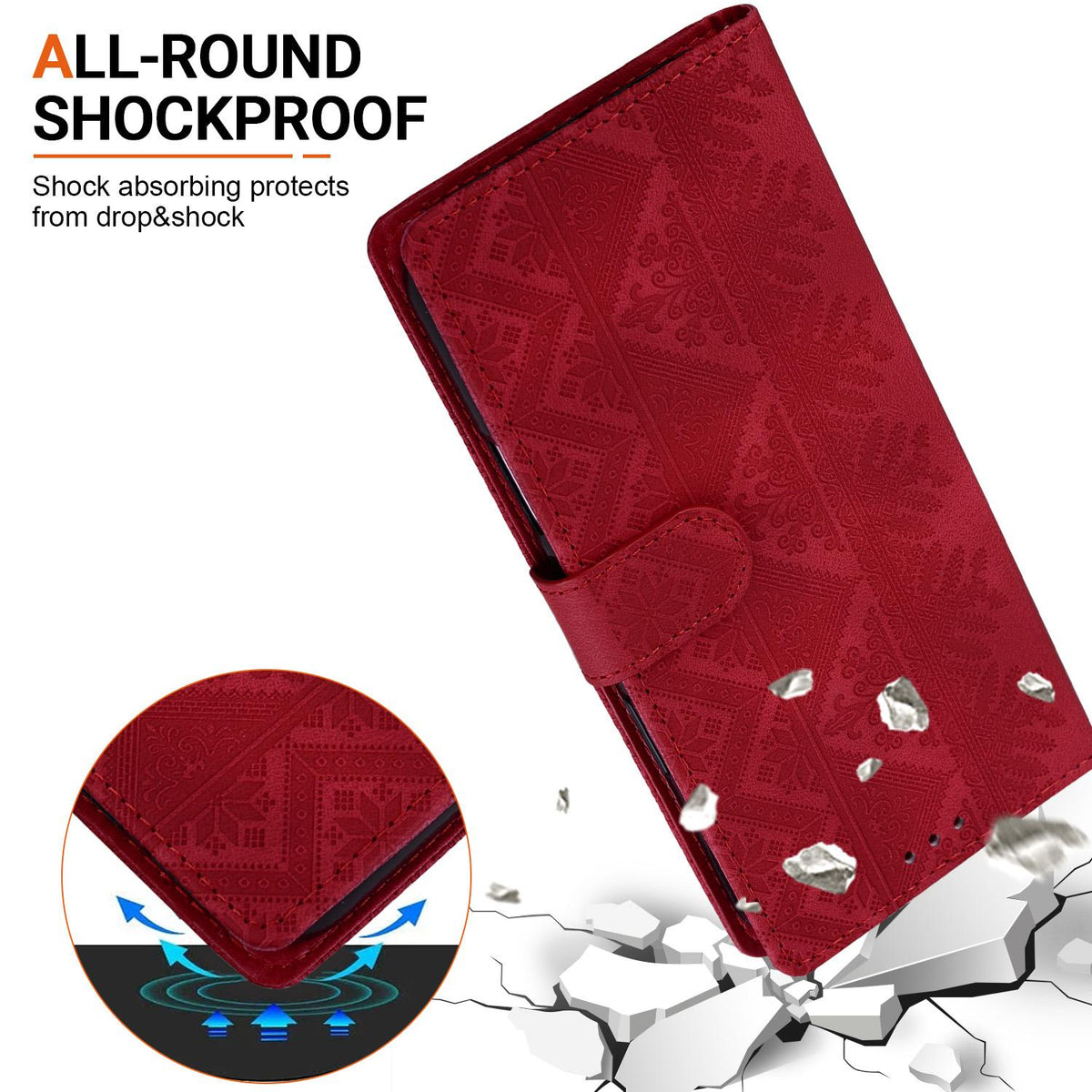 For iPhone 15 Plus Ethnic Pattern Embossed Vegan Leather Phone Case - Red - EDA009979012C