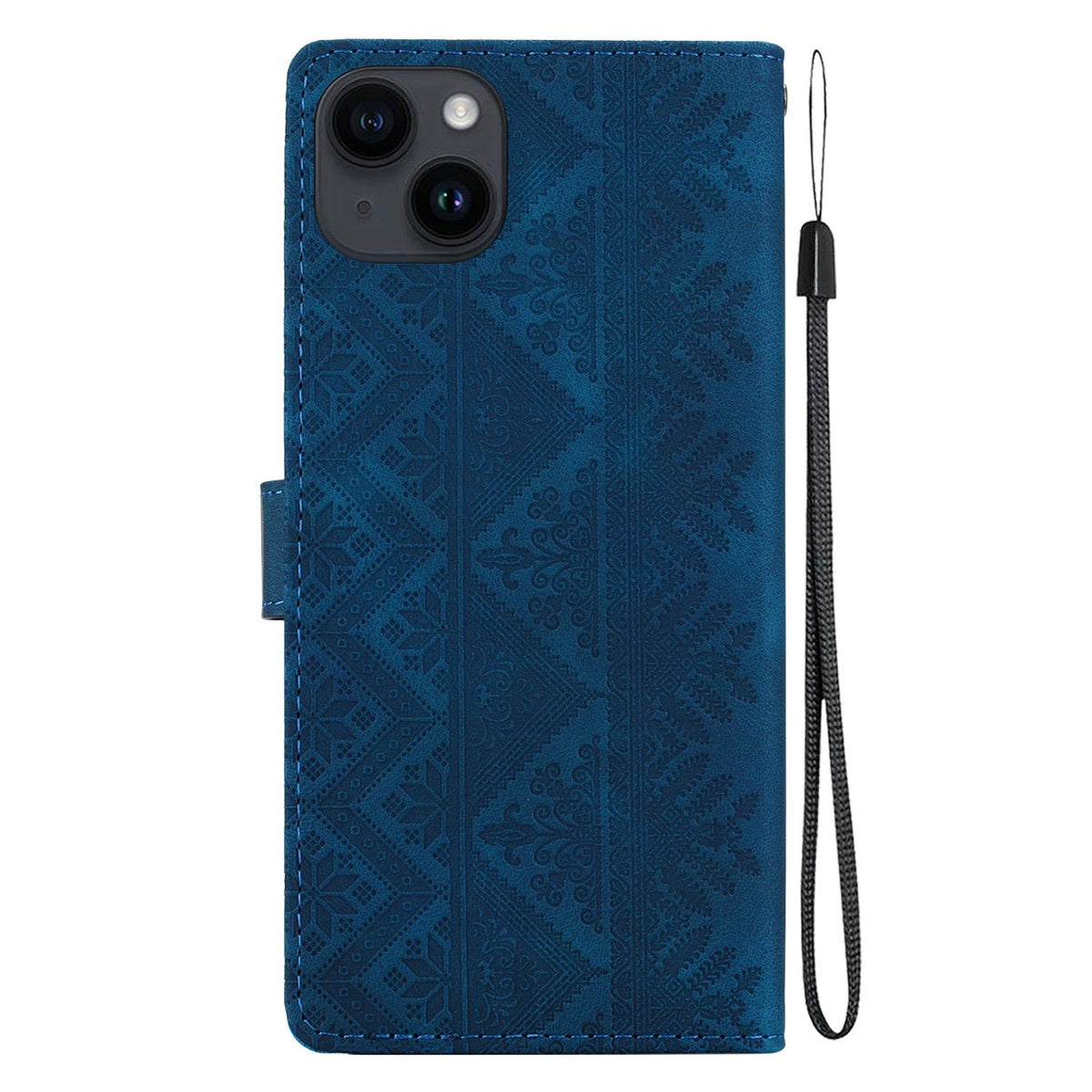 For iPhone 15 Plus Ethnic Pattern Embossed Vegan Leather Phone Case - Dark Blue - EDA009979012E