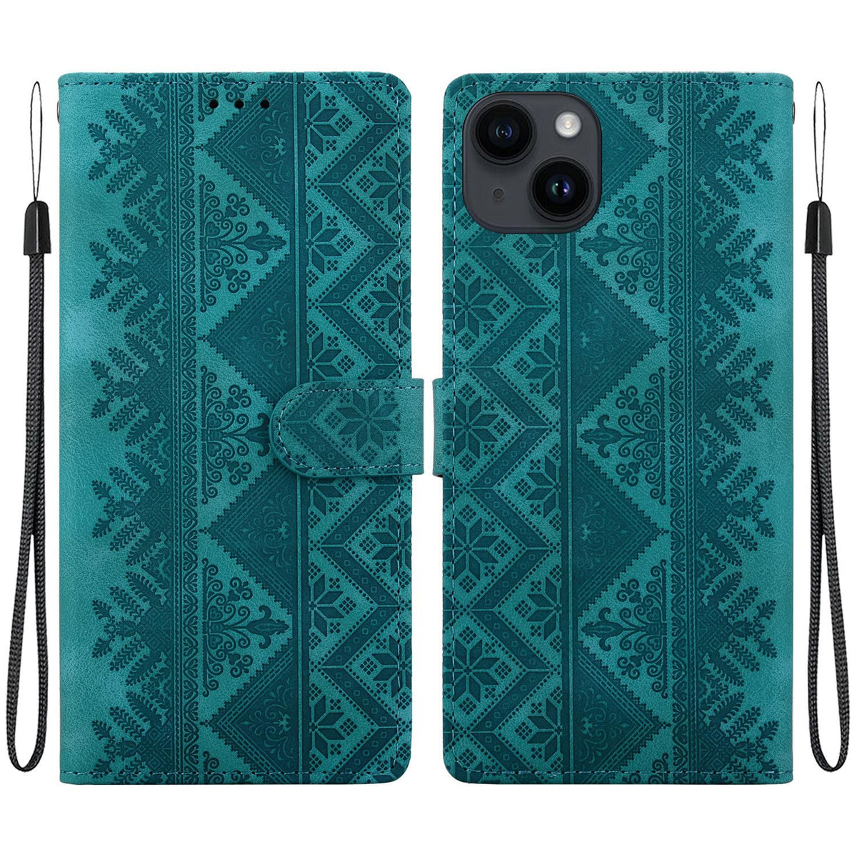 For iPhone 15 Ethnic Pattern Embossed Vegan Leather Phone Case - Green - EDA009979013B