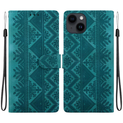 For iPhone 15 Ethnic Pattern Embossed Vegan Leather Phone Case - Green - EDA009979013B