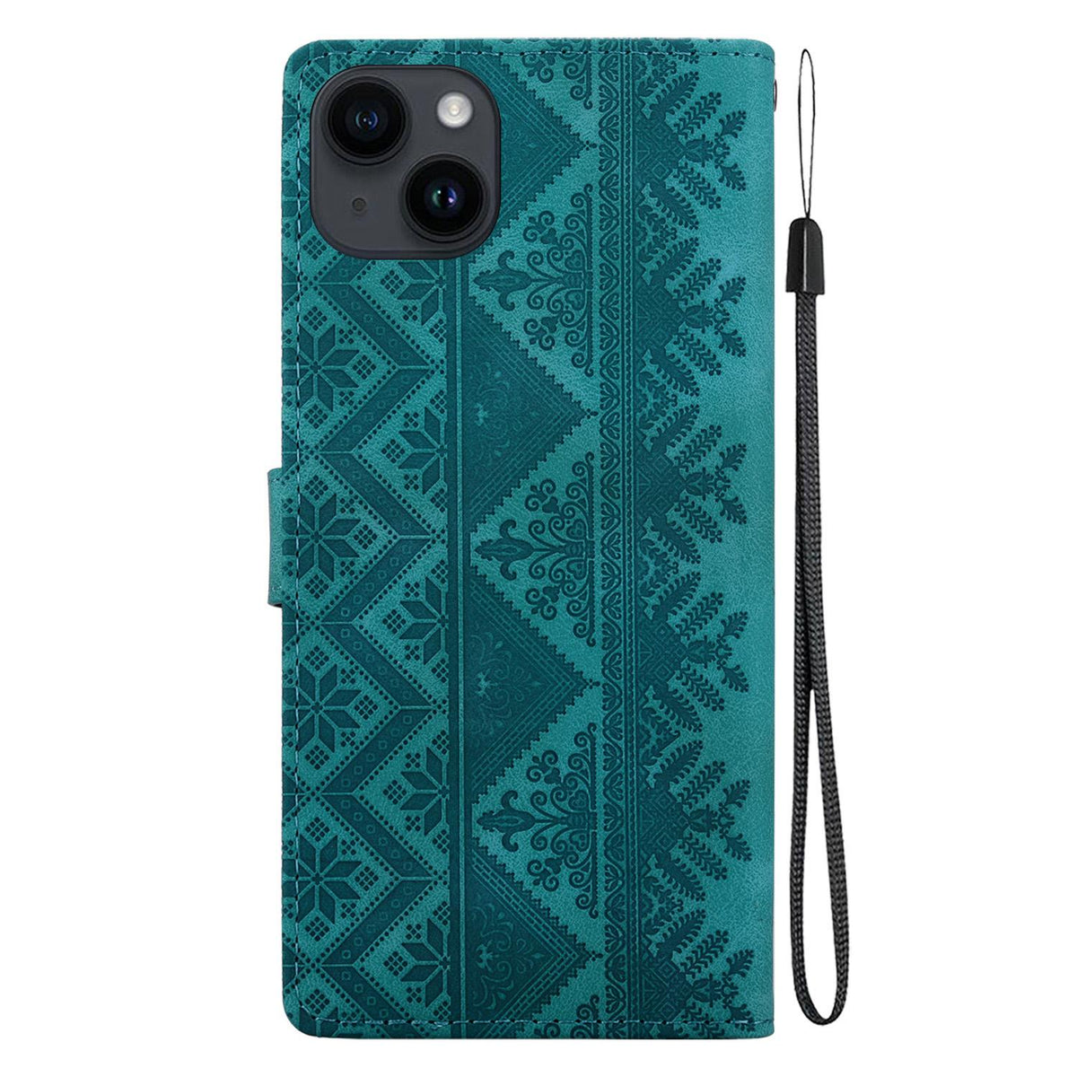 For iPhone 15 Ethnic Pattern Embossed Vegan Leather Phone Case - Green - EDA009979013B