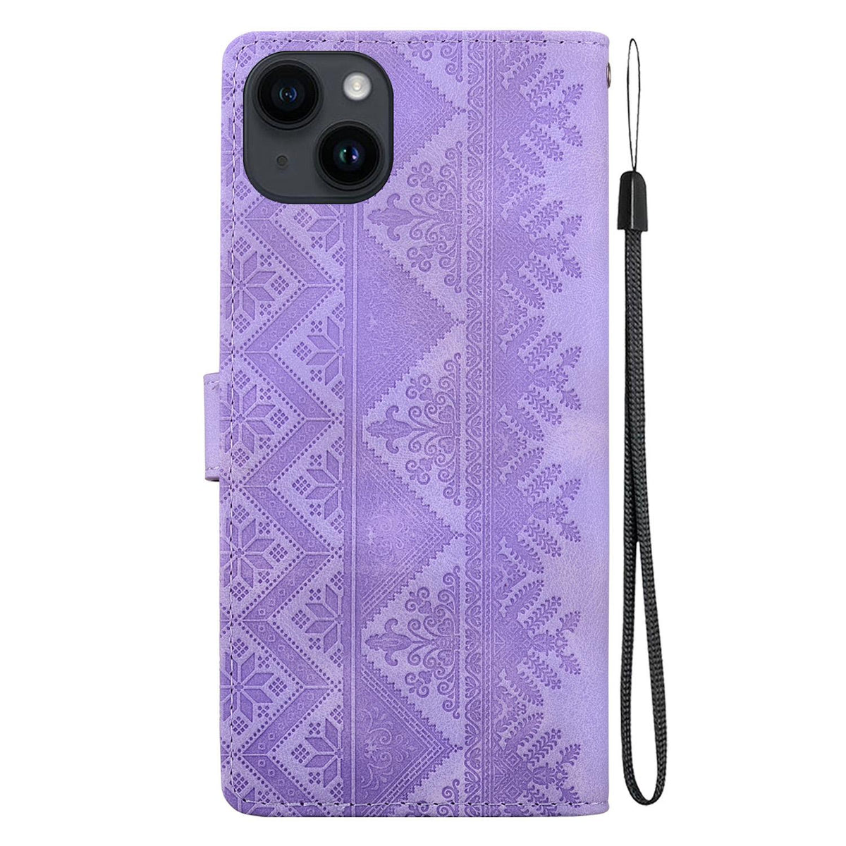 For iPhone 15 Ethnic Pattern Embossed Vegan Leather Phone Case - Purple - EDA009979013D