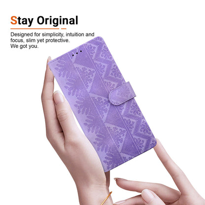 For iPhone 15 Ethnic Pattern Embossed Vegan Leather Phone Case - Purple - EDA009979013D