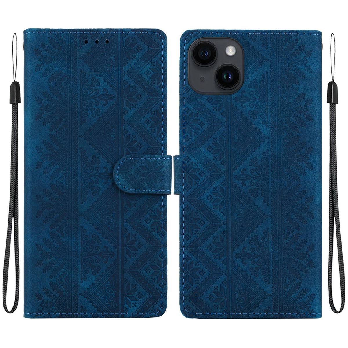 For iPhone 15 Ethnic Pattern Embossed Vegan Leather Phone Case - Dark Blue - EDA009979013E