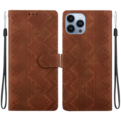 For iPhone 14 Pro Max Ethnic Pattern Embossed Vegan Leather Phone Case - Brown - EDA009979014A