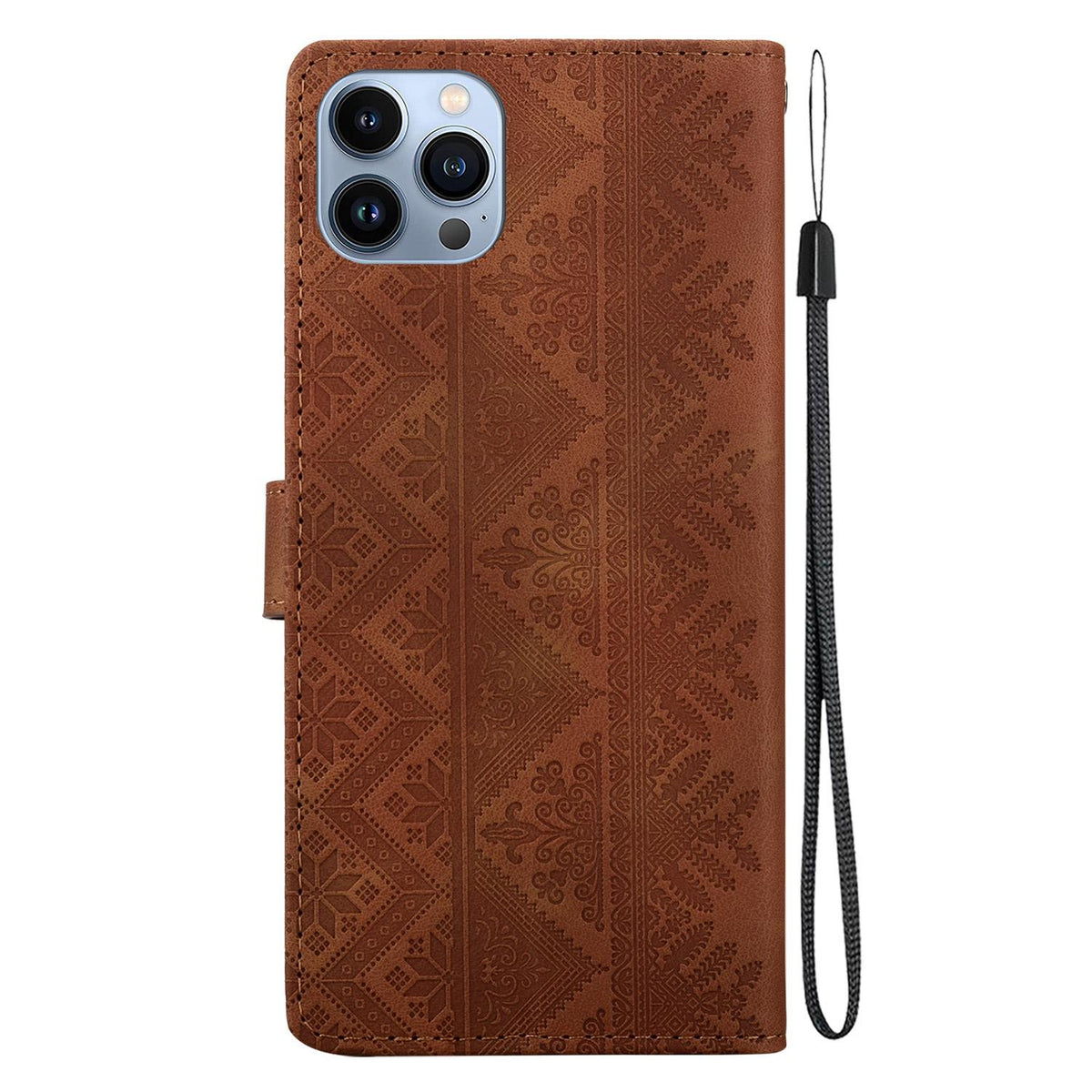 For iPhone 14 Pro Max Ethnic Pattern Embossed Vegan Leather Phone Case - Brown - EDA009979014A
