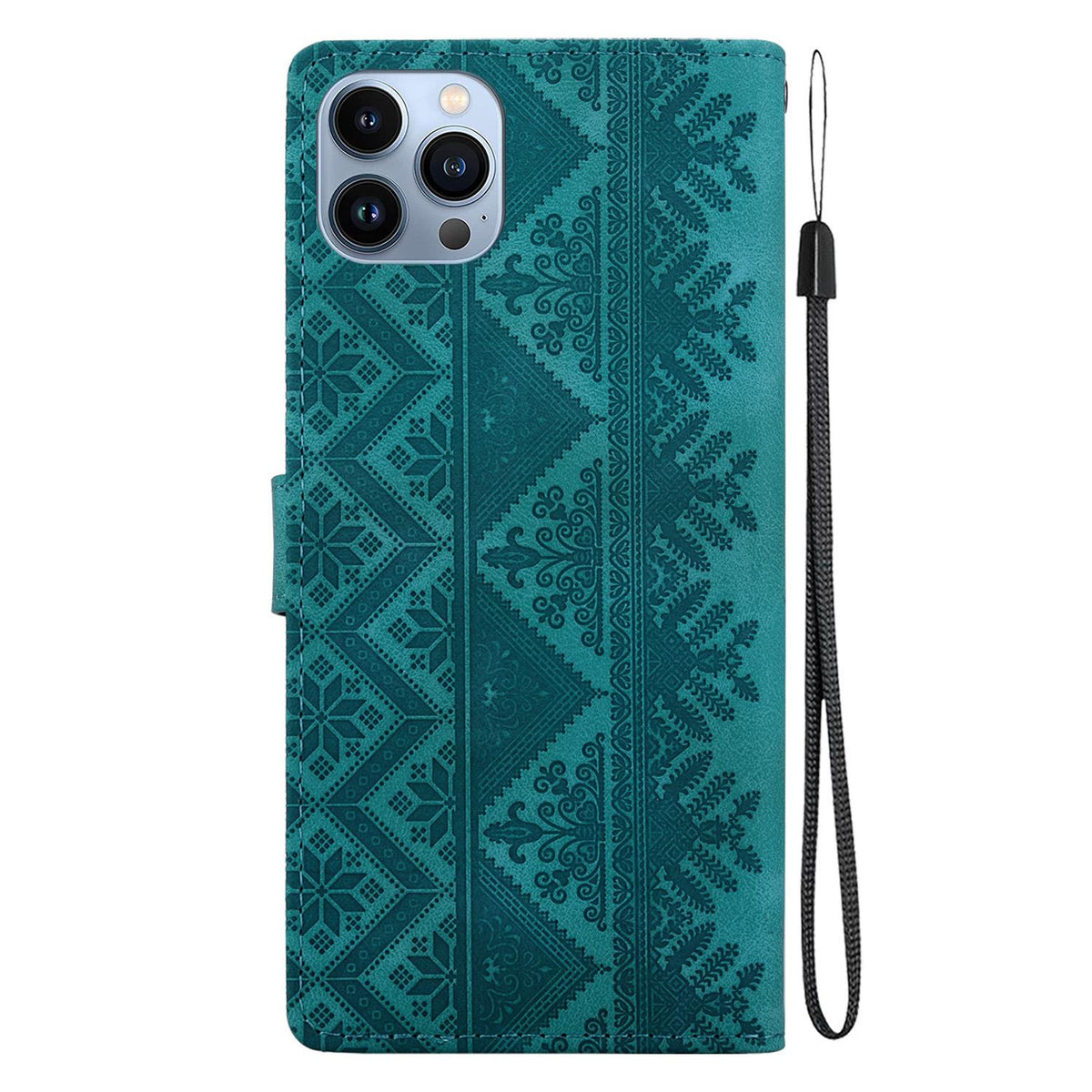For iPhone 14 Pro Max Ethnic Pattern Embossed Vegan Leather Phone Case - Green - EDA009979014B