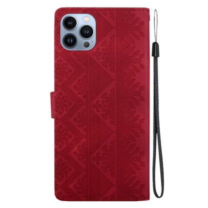 For iPhone 14 Pro Max Ethnic Pattern Embossed Vegan Leather Phone Case - Red - EDA009979014C