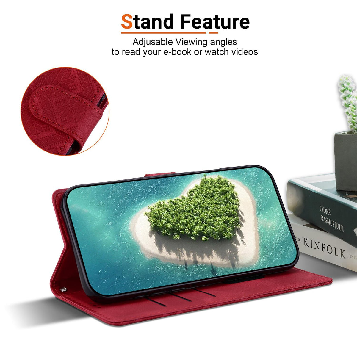 For iPhone 14 Pro Max Ethnic Pattern Embossed Vegan Leather Phone Case - Red - EDA009979014C