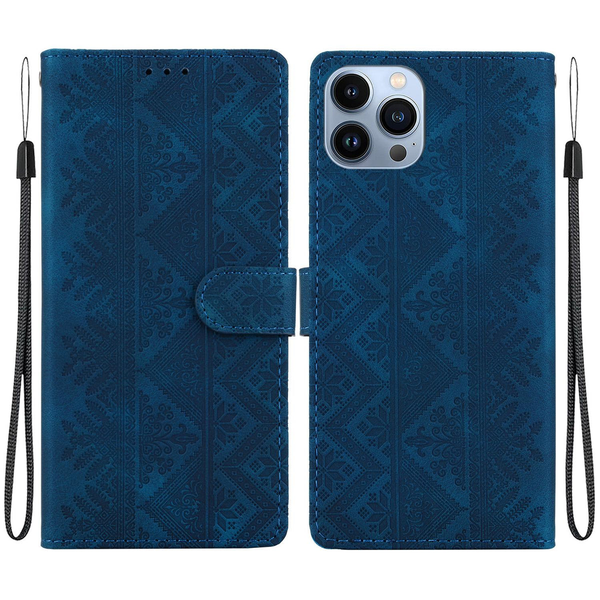 For iPhone 14 Pro Max Ethnic Pattern Embossed Vegan Leather Phone Case - Dark Blue - EDA009979014E