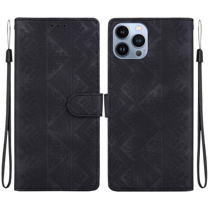 For iPhone 14 Pro Max Ethnic Pattern Embossed Vegan Leather Phone Case - Black - EDA009979014F