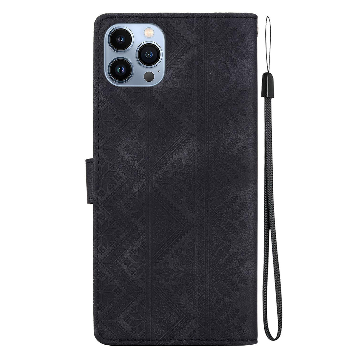 For iPhone 14 Pro Max Ethnic Pattern Embossed Vegan Leather Phone Case - Black - EDA009979014F