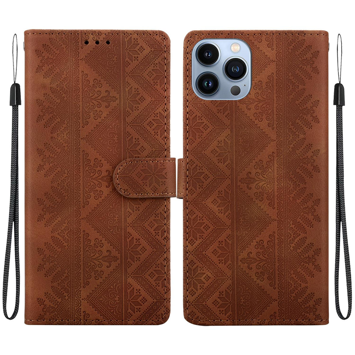 For iPhone 14 Pro Ethnic Pattern Embossed Vegan Leather Phone Case - Brown - EDA009979015A