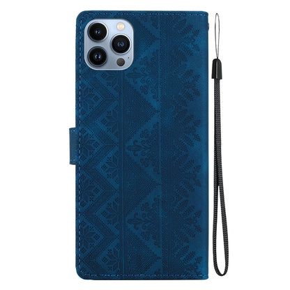 For iPhone 14 Pro Ethnic Pattern Embossed Vegan Leather Phone Case - Dark Blue - EDA009979015E