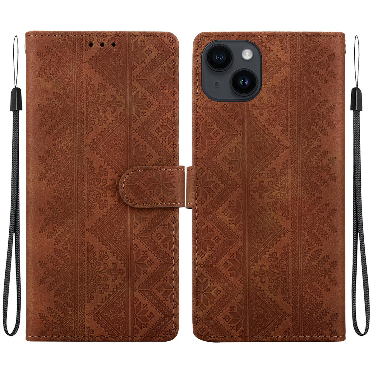 For iPhone 14 Plus Ethnic Pattern Embossed Vegan Leather Phone Case - Brown - EDA009979016A
