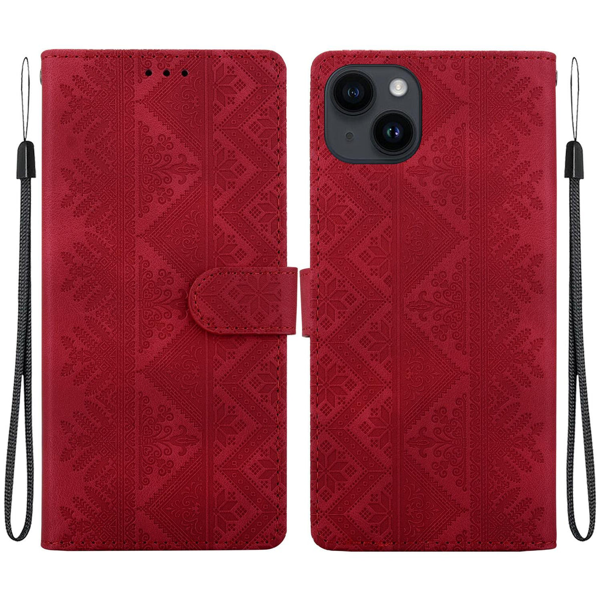 For iPhone 14 Plus Ethnic Pattern Embossed Vegan Leather Phone Case - Red - EDA009979016C