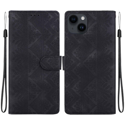 For iPhone 14 Plus Ethnic Pattern Embossed Vegan Leather Phone Case - Black - EDA009979016F