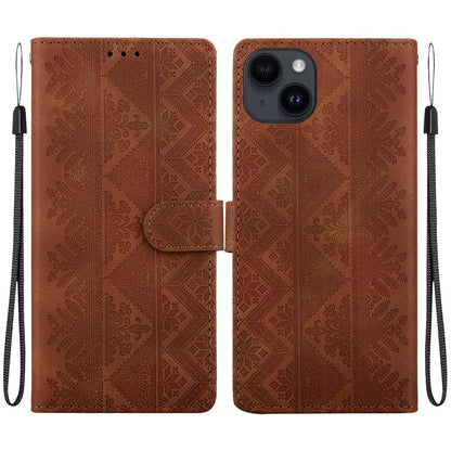 For iPhone 14 Ethnic Pattern Embossed Vegan Leather Phone Case - Brown - EDA009979017A