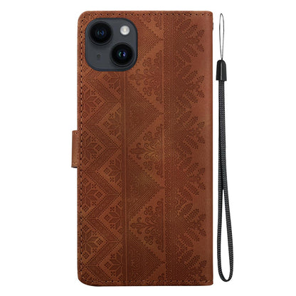 For iPhone 14 Ethnic Pattern Embossed Vegan Leather Phone Case - Brown - EDA009979017A