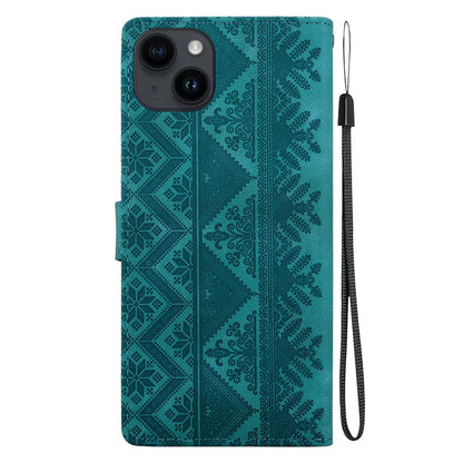 For iPhone 13 Ethnic Pattern Embossed Vegan Leather Phone Case - Green - EDA009979020B