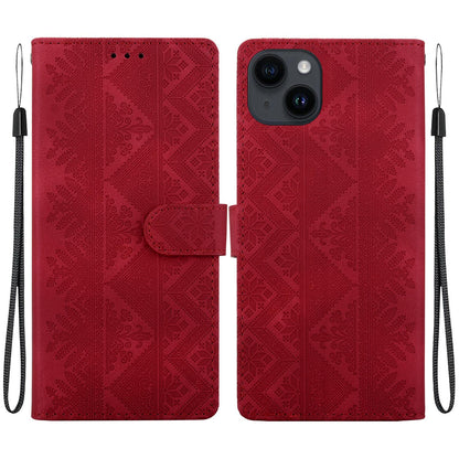 For iPhone 13 Ethnic Pattern Embossed Vegan Leather Phone Case - Red - EDA009979020C