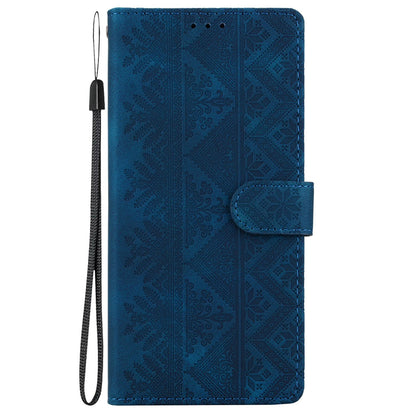 For iPhone 13 Ethnic Pattern Embossed Vegan Leather Phone Case - Dark Blue - EDA009979020E