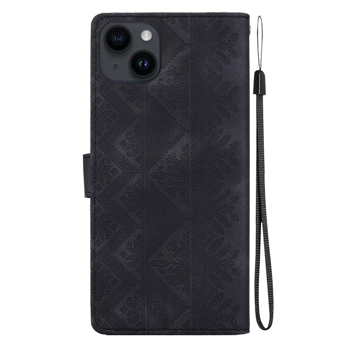 For iPhone 13 Ethnic Pattern Embossed Vegan Leather Phone Case - Black - EDA009979020F
