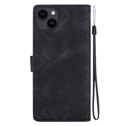 For iPhone 13 Ethnic Pattern Embossed Vegan Leather Phone Case - Black - EDA009979020F