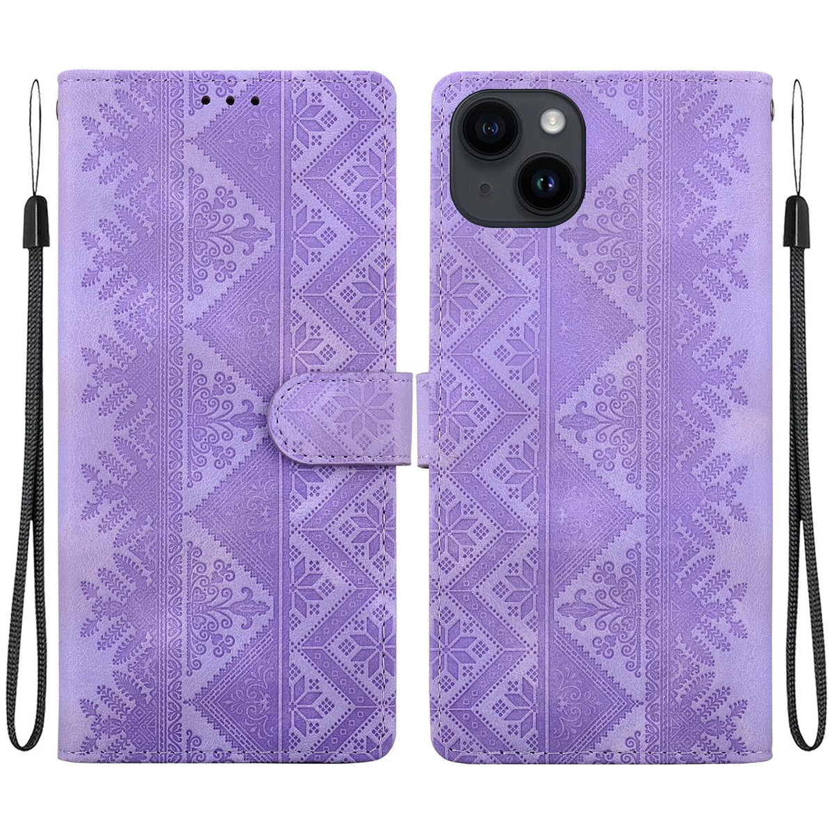 For iPhone 13 mini Ethnic Pattern Embossed Vegan Leather Phone Case - Purple - EDA009979021D