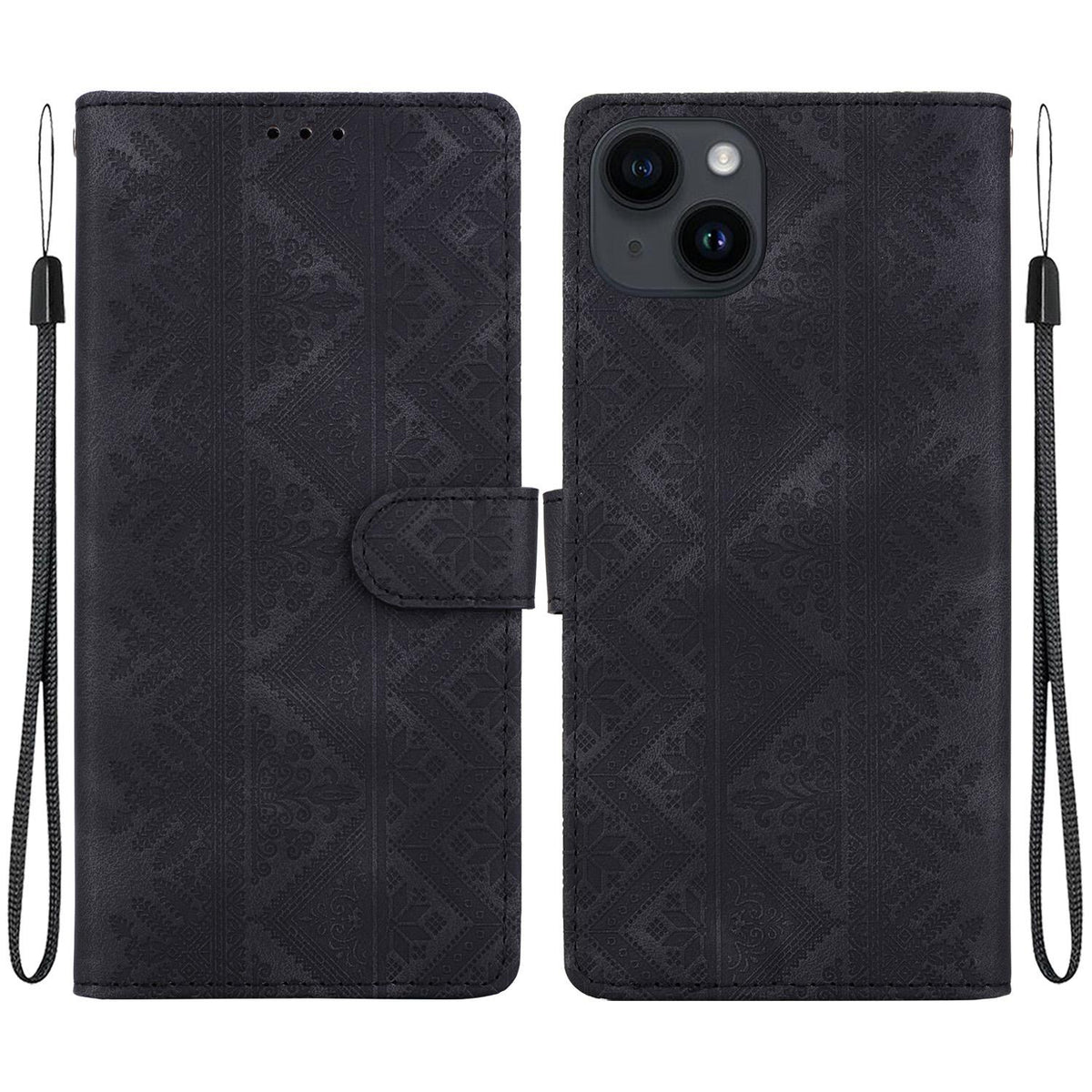 For iPhone 13 mini Ethnic Pattern Embossed Vegan Leather Phone Case - Black - EDA009979021F
