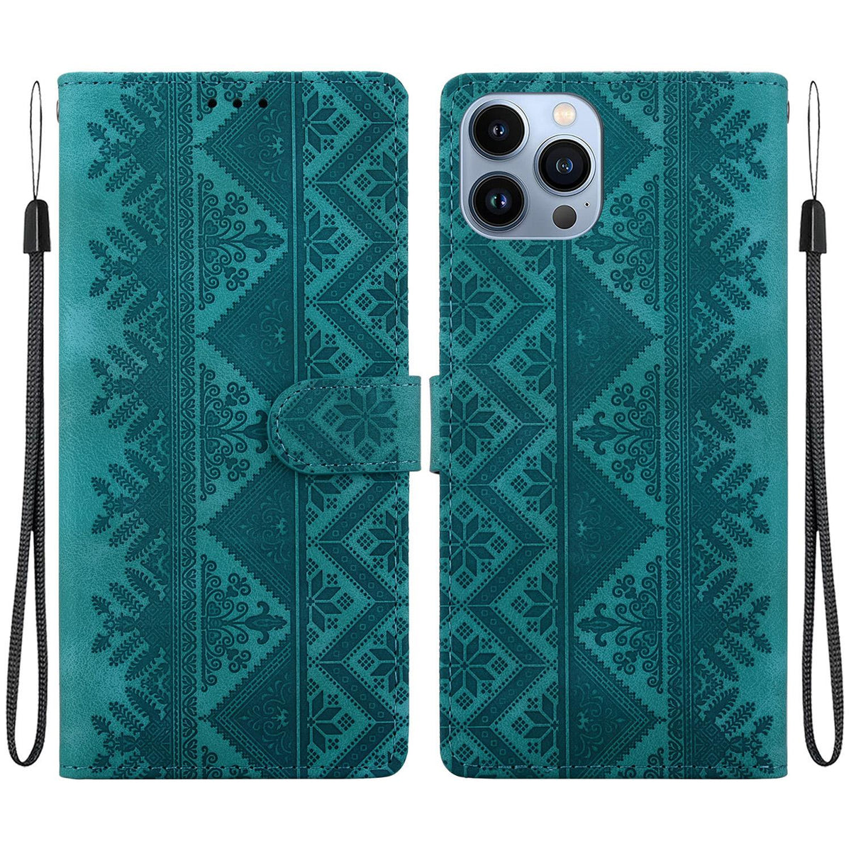 For iPhone 12 Pro Max Ethnic Pattern Embossed Vegan Leather Phone Case - Green - EDA009979022B