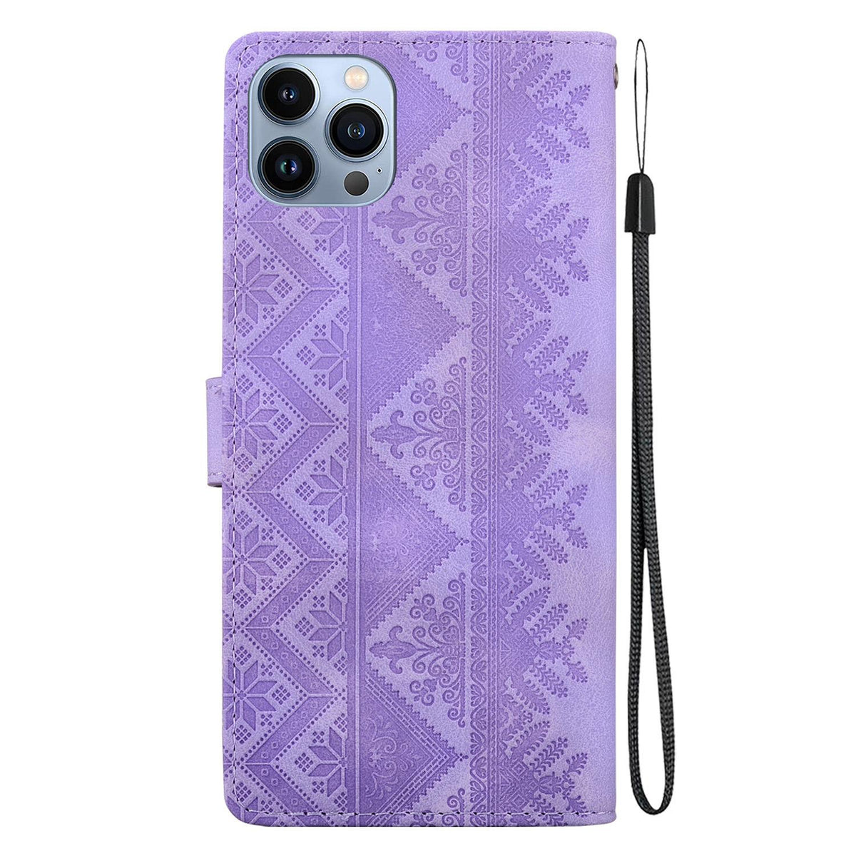For iPhone 12 Pro Max Ethnic Pattern Embossed Vegan Leather Phone Case - Purple - EDA009979022D