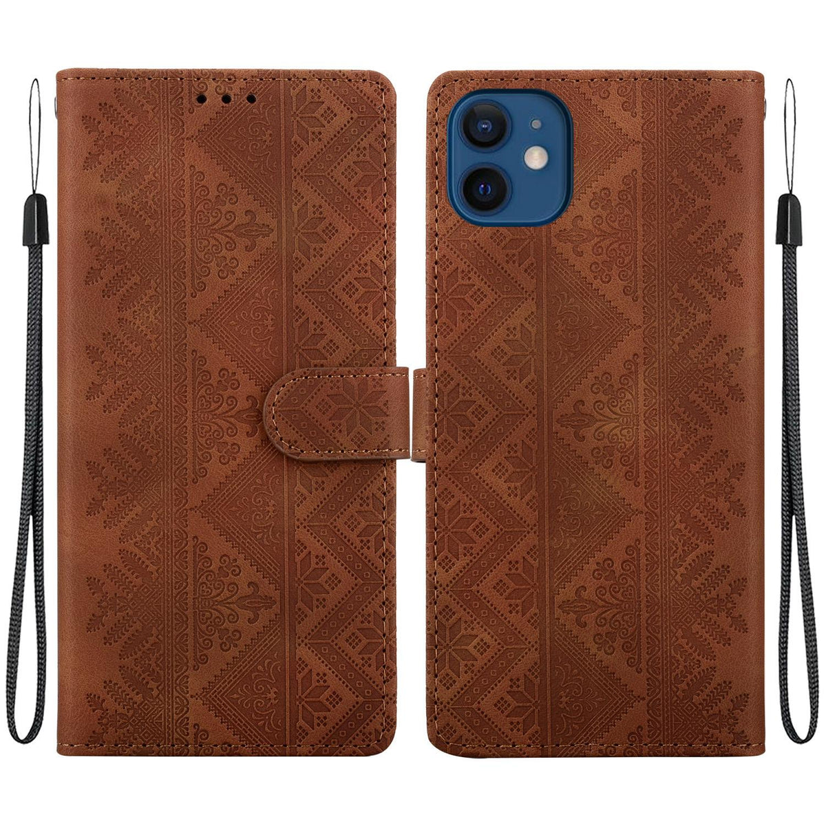 For iPhone 12 mini Ethnic Pattern Embossed Vegan Leather Phone Case - Brown - EDA009979024A