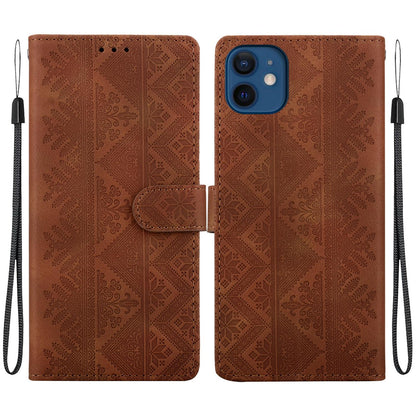 For iPhone 12 mini Ethnic Pattern Embossed Vegan Leather Phone Case - Brown - EDA009979024A