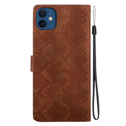 For iPhone 12 mini Ethnic Pattern Embossed Vegan Leather Phone Case - Brown - EDA009979024A