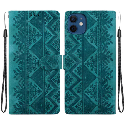 For iPhone 12 mini Ethnic Pattern Embossed Vegan Leather Phone Case - Green - EDA009979024B