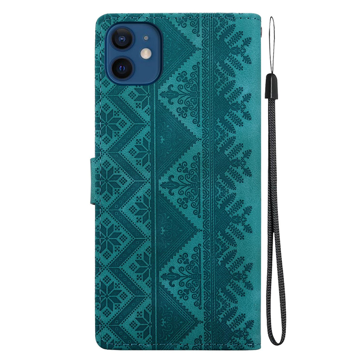 For iPhone 12 mini Ethnic Pattern Embossed Vegan Leather Phone Case - Green - EDA009979024B