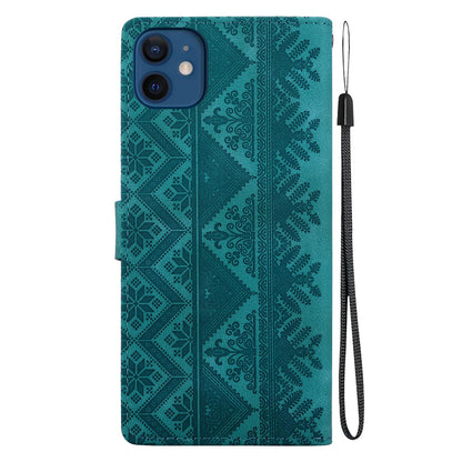 For iPhone 12 mini Ethnic Pattern Embossed Vegan Leather Phone Case - Green - EDA009979024B