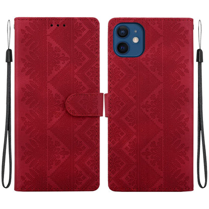 For iPhone 12 mini Ethnic Pattern Embossed Vegan Leather Phone Case - Red - EDA009979024C