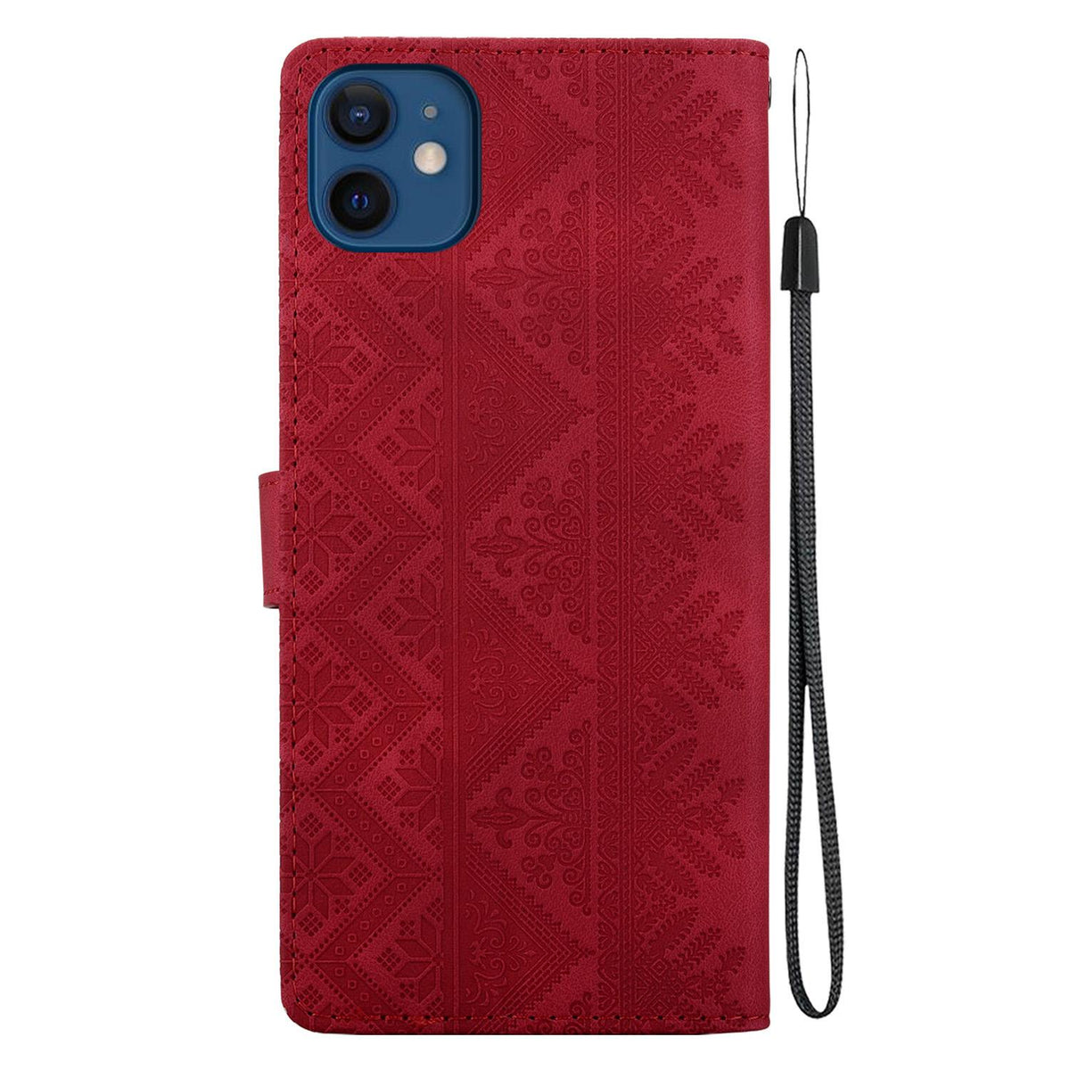 For iPhone 12 mini Ethnic Pattern Embossed Vegan Leather Phone Case - Red - EDA009979024C